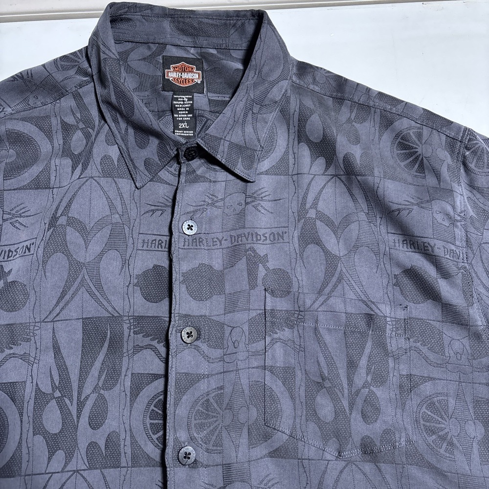Harley-Davidson Shirt Mens 2XL Gray Eagle Skull Short Sleeve Button Motorcycle